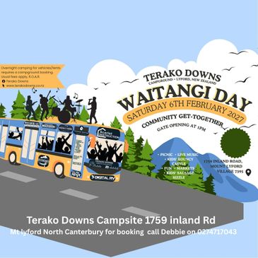 Poster for Waitangi Day event at Terako Downs Campsite with music, food, and activities.