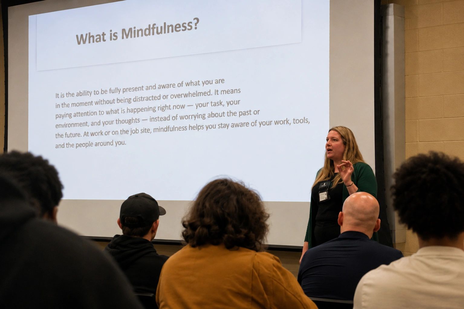 Katie Pope speaking to a classroom of students about mental health, resilience and practical skills 