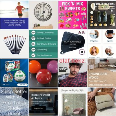 Collage of various lifestyle, home, and health product shop advertisements.