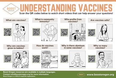 Informative poster with QR codes about vaccines and their benefits.
