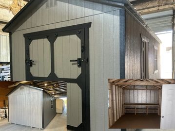 A newly built outdoor shed with gray walls and black trim, shown from multiple angles.