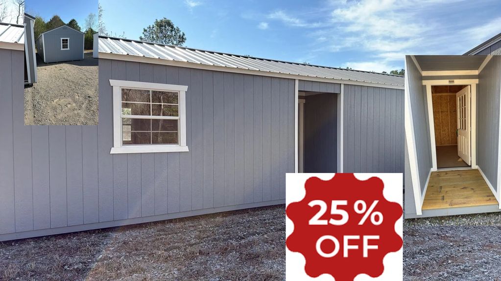 Gray storage shed with white trim and 25% off discount offer.