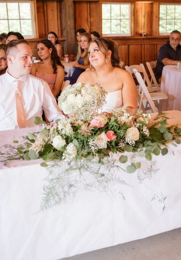 Newlywed couple sharing a loving glance at their wedding reception.