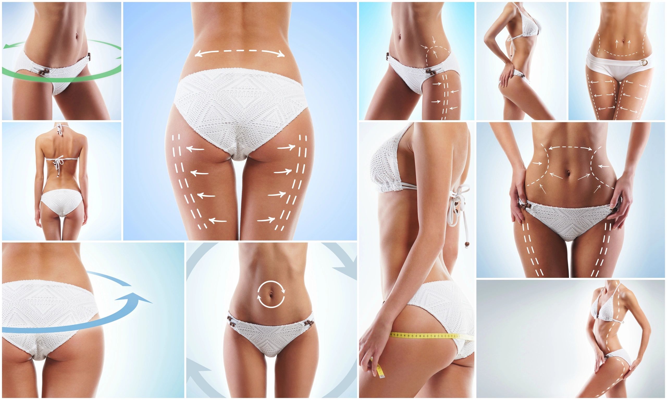 woman's body with contouring lines wearing white bikini bathing suit measuring tape belly button