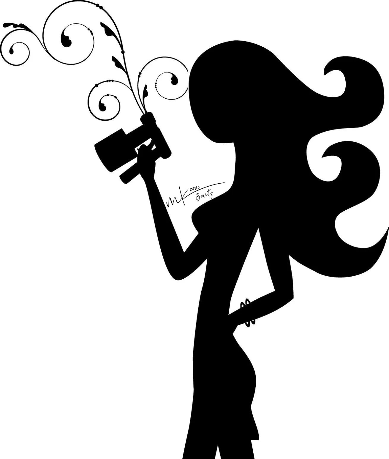 black image of woman with long hair and airbrush gun