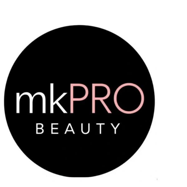 mkPRO Beauty logo black circular background white and prink letters