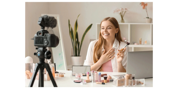 Beauty consultant female doing video recording and demonstrating products