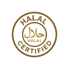 A round Halal certified logo in brown.