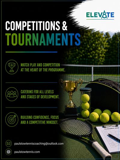 Tennis competitions and tournaments with coaching details.