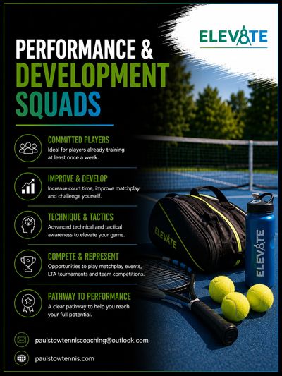 Performance and development tennis squads by ELEV8TE with training details.