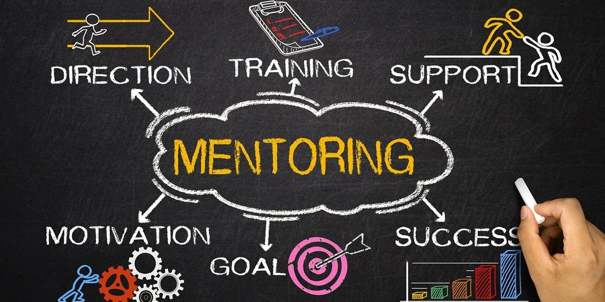 Chalkboard diagram illustrating key aspects of mentoring with colorful icons.