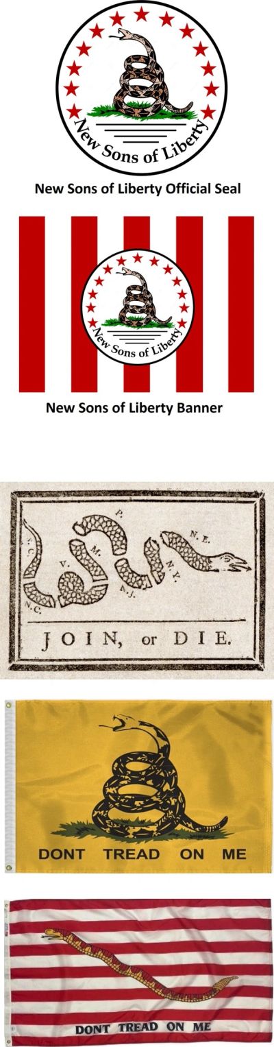Historical and modern flags featuring coiled snake symbols and messages of liberty and resistance.