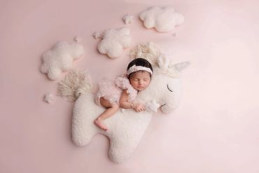 Newborn baby sleeping on a fluffy unicorn plush.