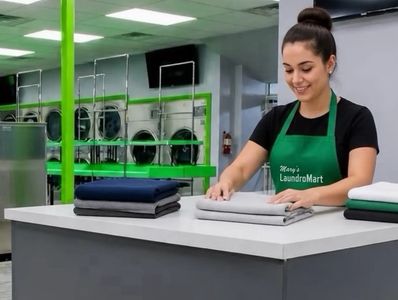 Woman folding clothes for Wash & Fold at Mary’s Laundromart.