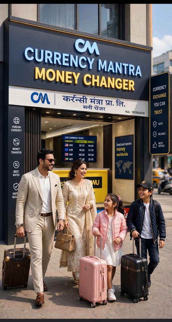 Family with suitcases outside currency exchange shop.