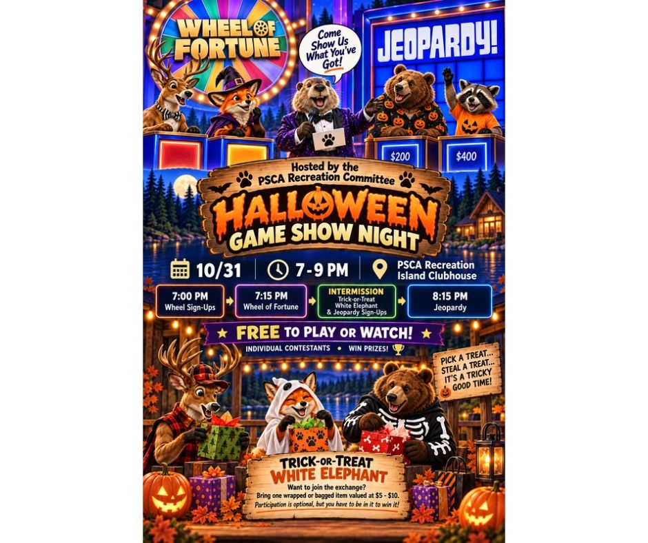 Halloween game show night poster with animal characters and event details.