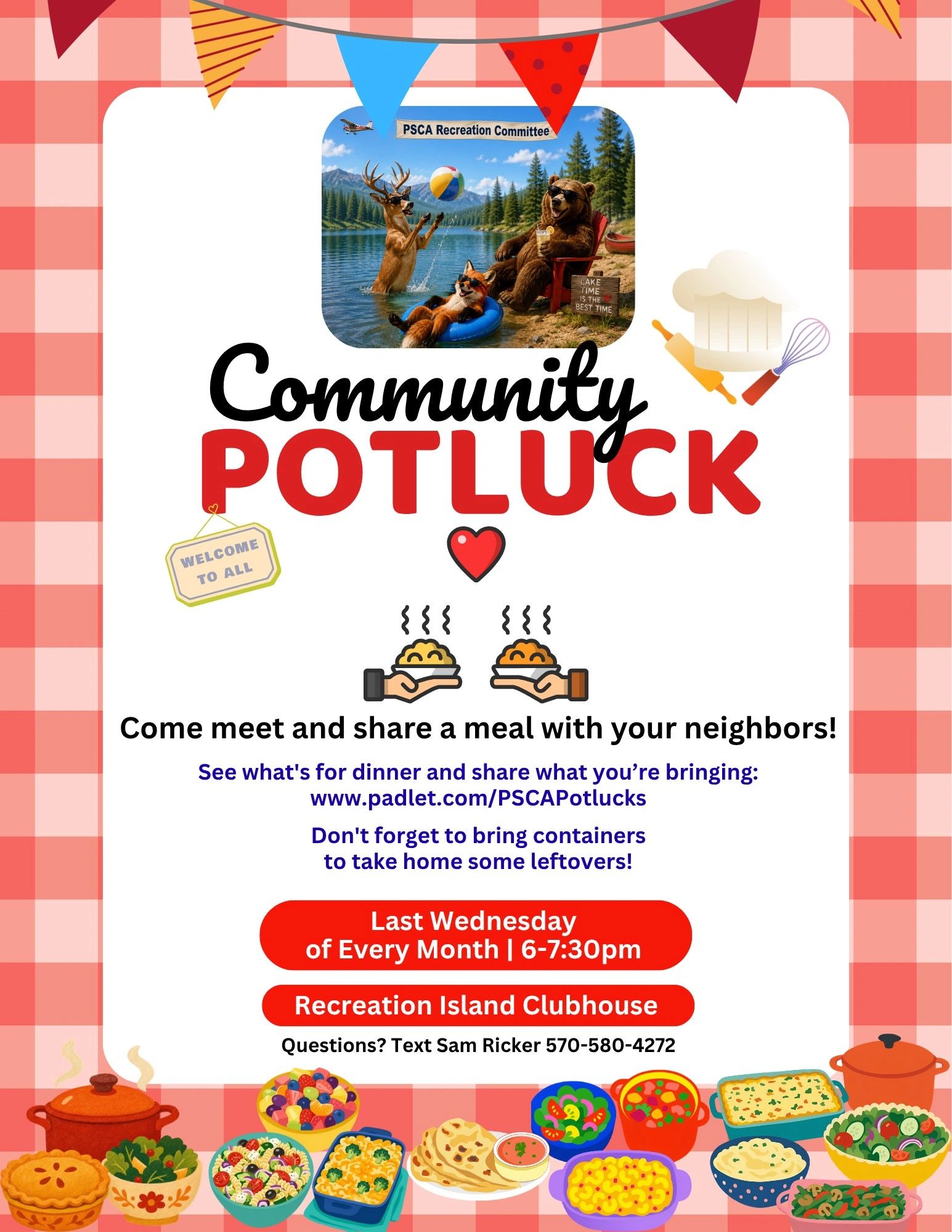 Community potluck event invite with animals at lake