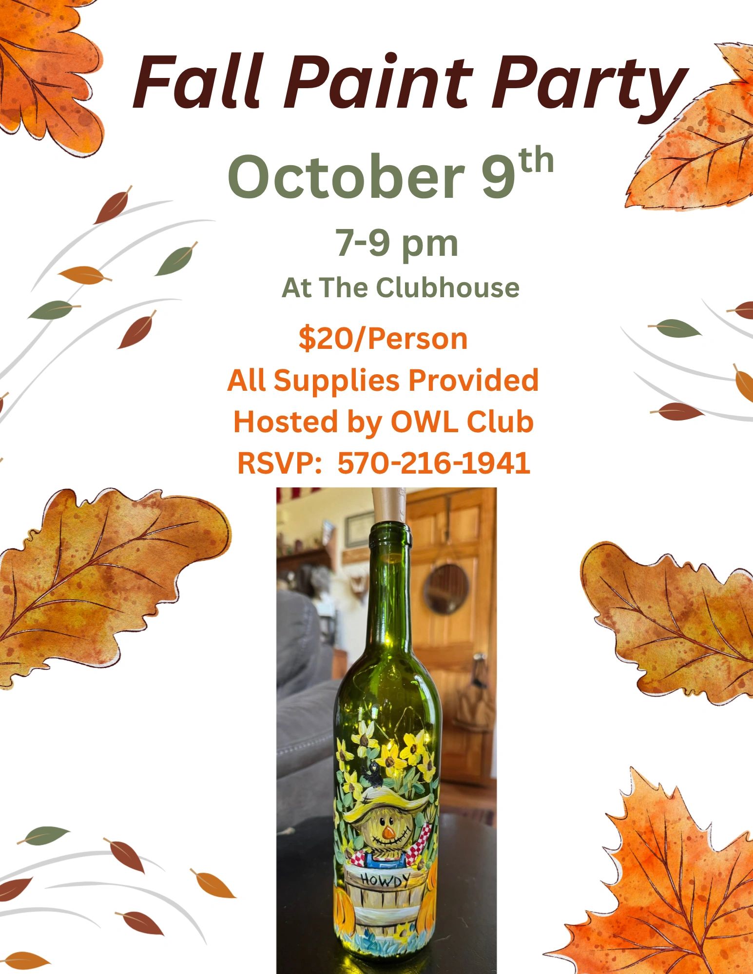 Fall Paint Party event poster with autumn leaves and decorated bottle.