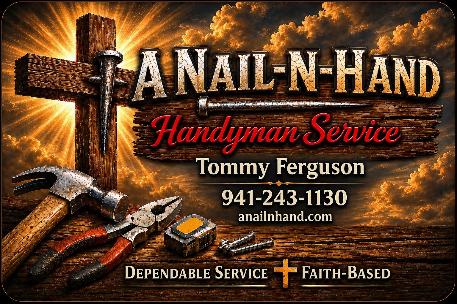 Advertisement for Anail-N-Hand handyman service with tools and contact info.