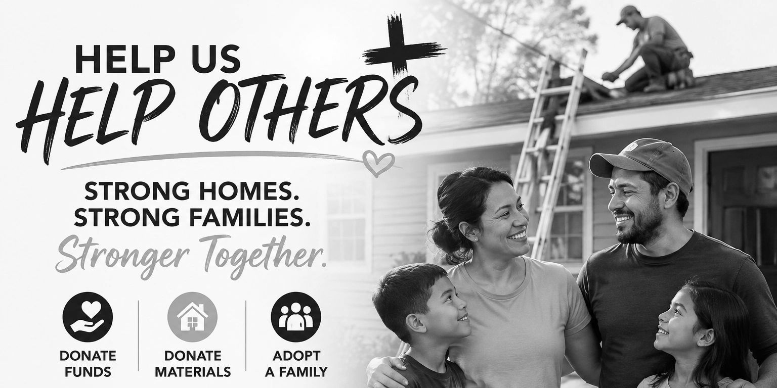 Family smiles in front of a house being repaired, encouraging help for strong homes and families.