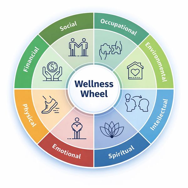 A colorful wellness wheel illustrating eight dimensions of wellness with icons.