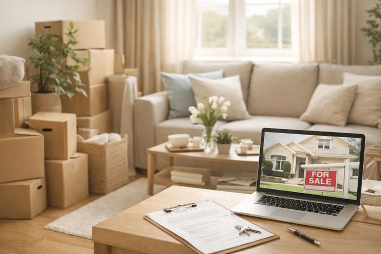 Living room with moving boxes and a laptop showing a house for sale.
