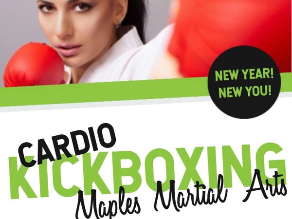 Woman in red gloves promoting cardio kickboxing at Maples Martial Arts.