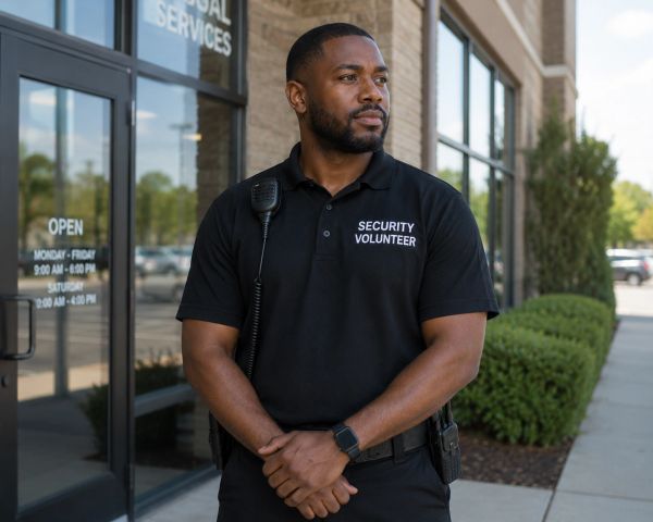 A security volunteer stands alert outside a building with folded hands.