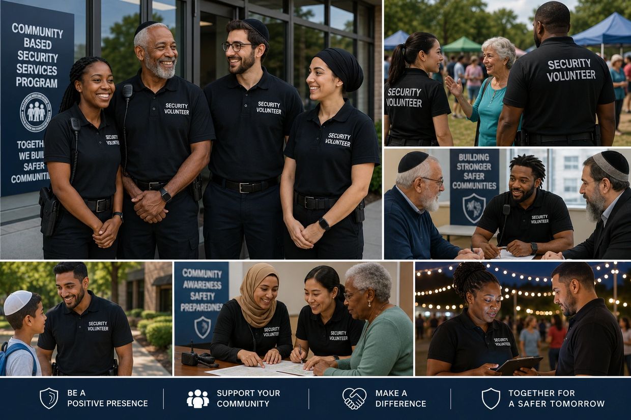 Diverse security volunteers engaging with community members.
