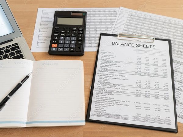Workspace with balance sheets, calculator, notebook, and laptop displaying charts.