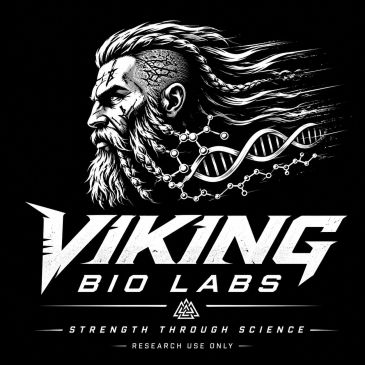 Viking-themed logo for a bio lab with a DNA strand and molecule design.