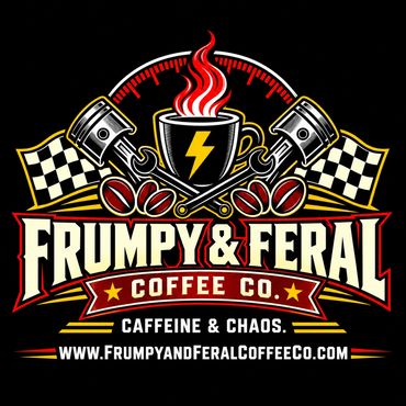 Frumpy &amp; Feral Coffee Co. logo with coffee cup and pistons.