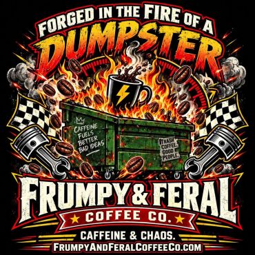 Graphic design for Frumpy &amp; Feral Coffee Co. with fiery dumpster theme.