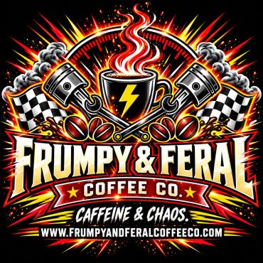 Bold coffee logo with engines, flags, and coffee steam.