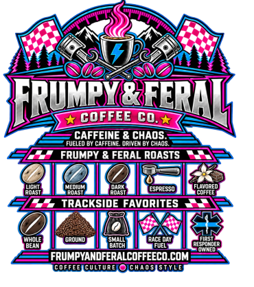Frumpy &amp; Feral Coffee Co. vibrant racing-themed design.