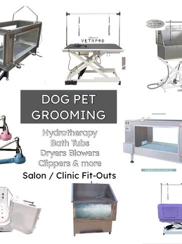 Dog grooming supplies including hydrotherapy bath tubs spa baths grooming tables  dryers treadmills