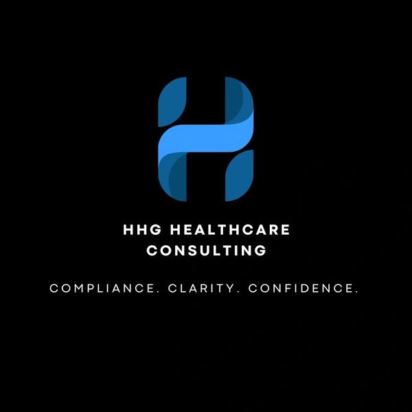 HHG Healthcare Consulting logo with blue design and tagline on black background.
