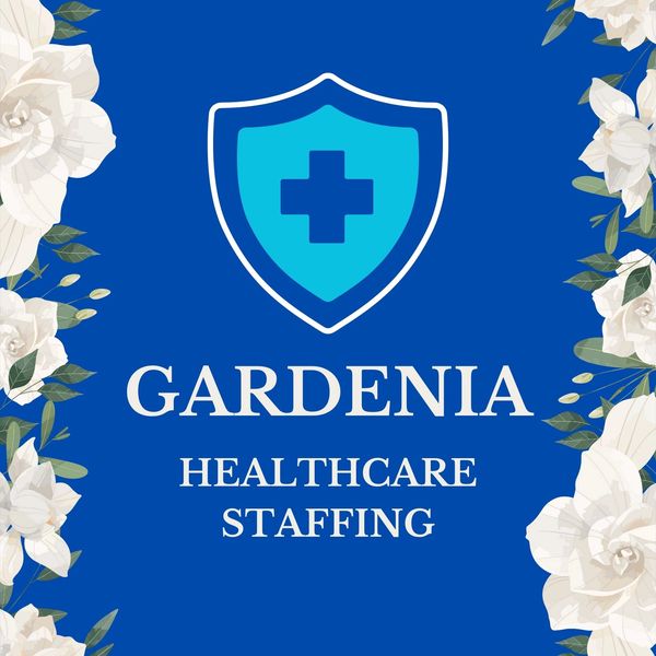Healthcare staffing logo with white gardenias and a blue shield with a medical cross.