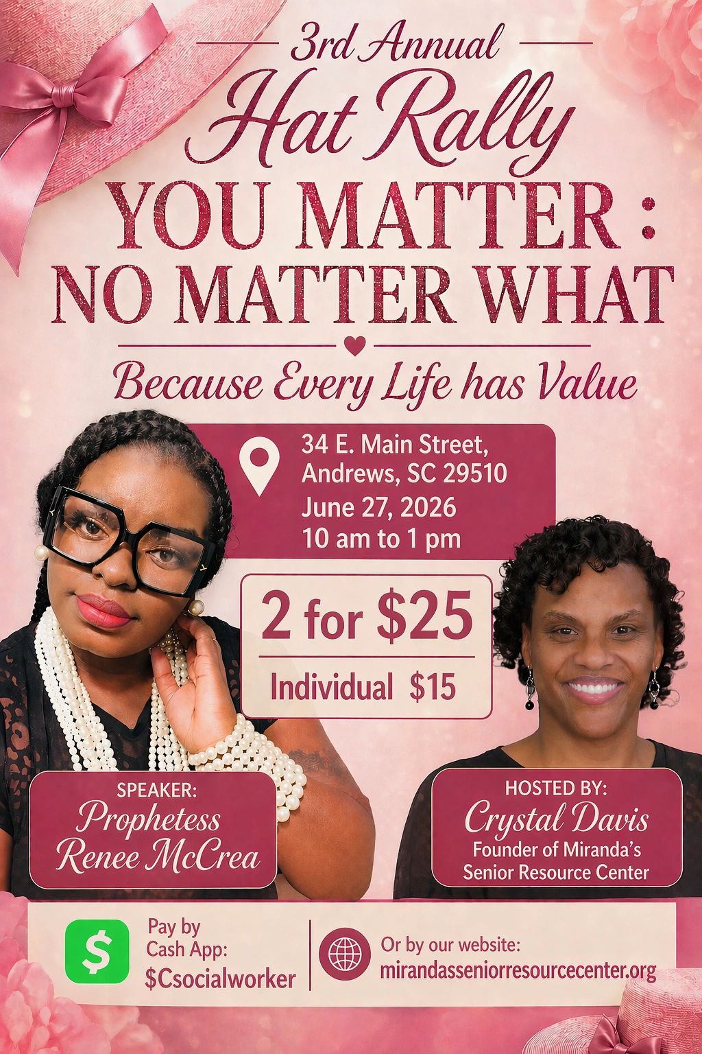 Flyer for the 3rd Annual Hat Rally emphasizing every life matters, June 27, 2026, Andrews, SC.