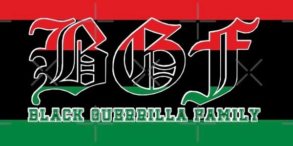 BGF logo with Black Guerrilla Family text on red, black, and green background.