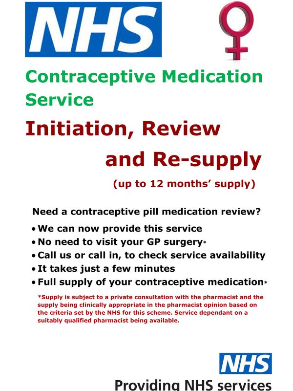 NHS contraceptive medication service for initiation, review, and re-supply up to 12 months.