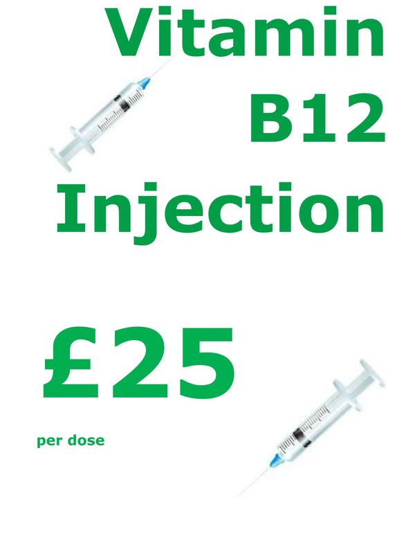 Advertisement for Vitamin B12 injection priced at £25 per dose with syringe images.
