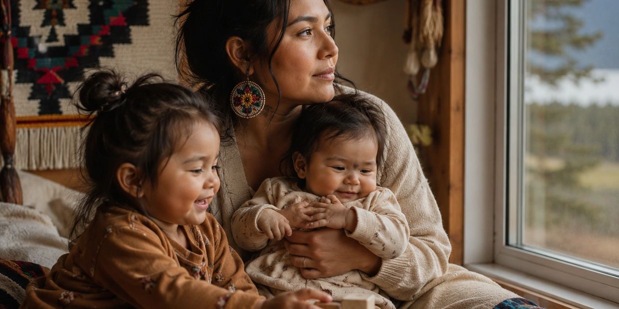 A mother lovingly holds her baby while sitting beside her toddler by a window.