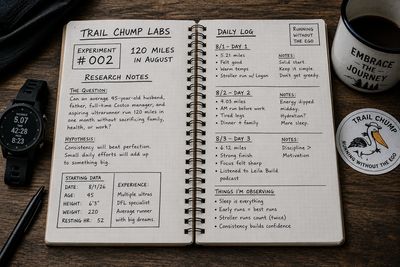 Open notebook with detailed running experiment notes and data.