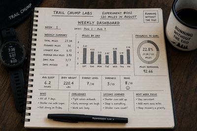 Handwritten weekly dashboard showing running stats and goals for August.