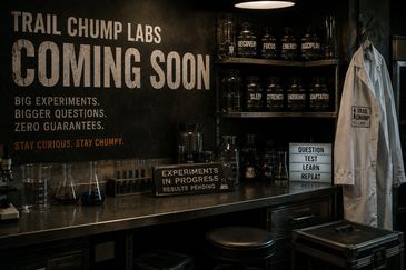 Lab setup with 'Trail Chump Labs Coming Soon' sign and scientific equipment.