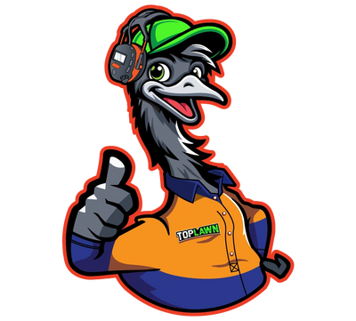 Toplawn's Emu mascot in green cap and work shirt giving a thumbs up
