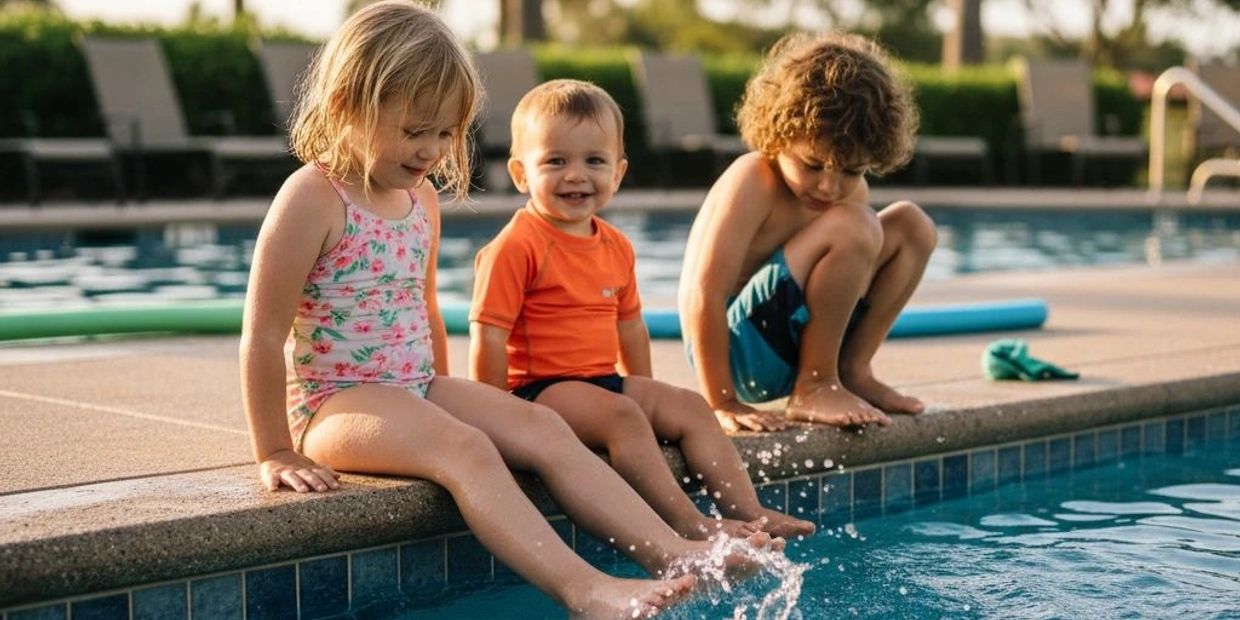 Three children sitting by the pool, splashing water with their feet.