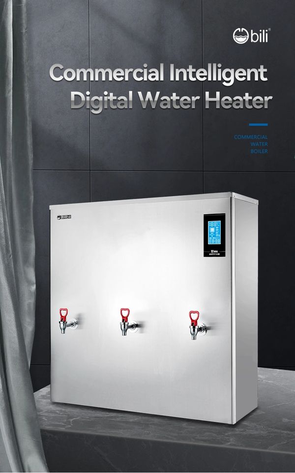 Commercial intelligent digital water heater with three taps and digital display.