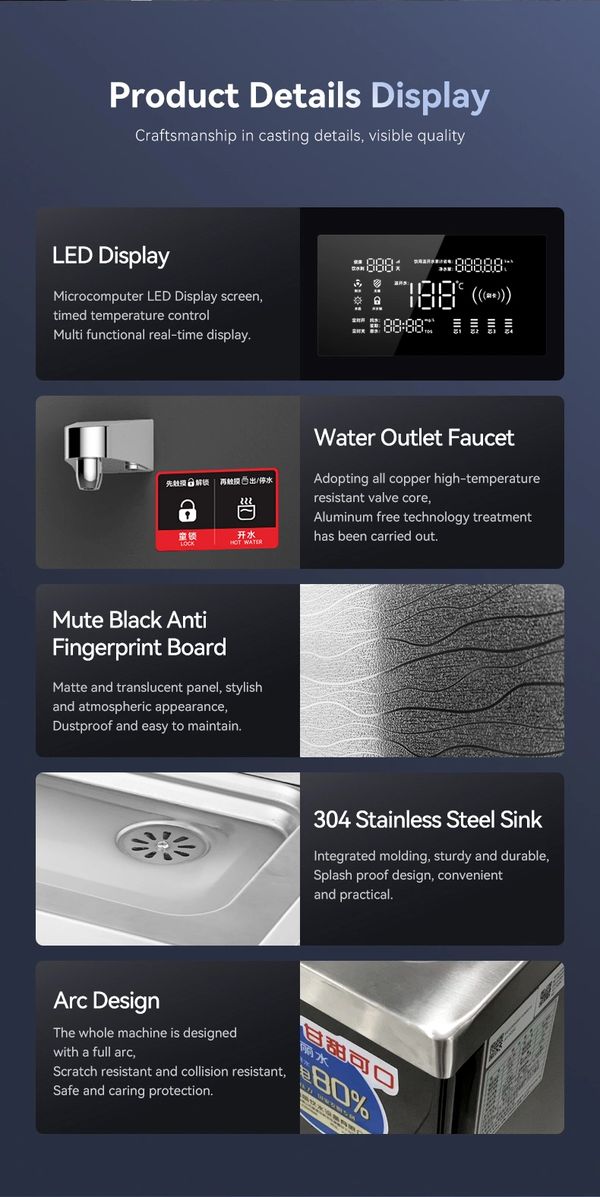 Product details highlighting LED display, water faucet, anti-fingerprint board, stainless steel sink, and arc design features.